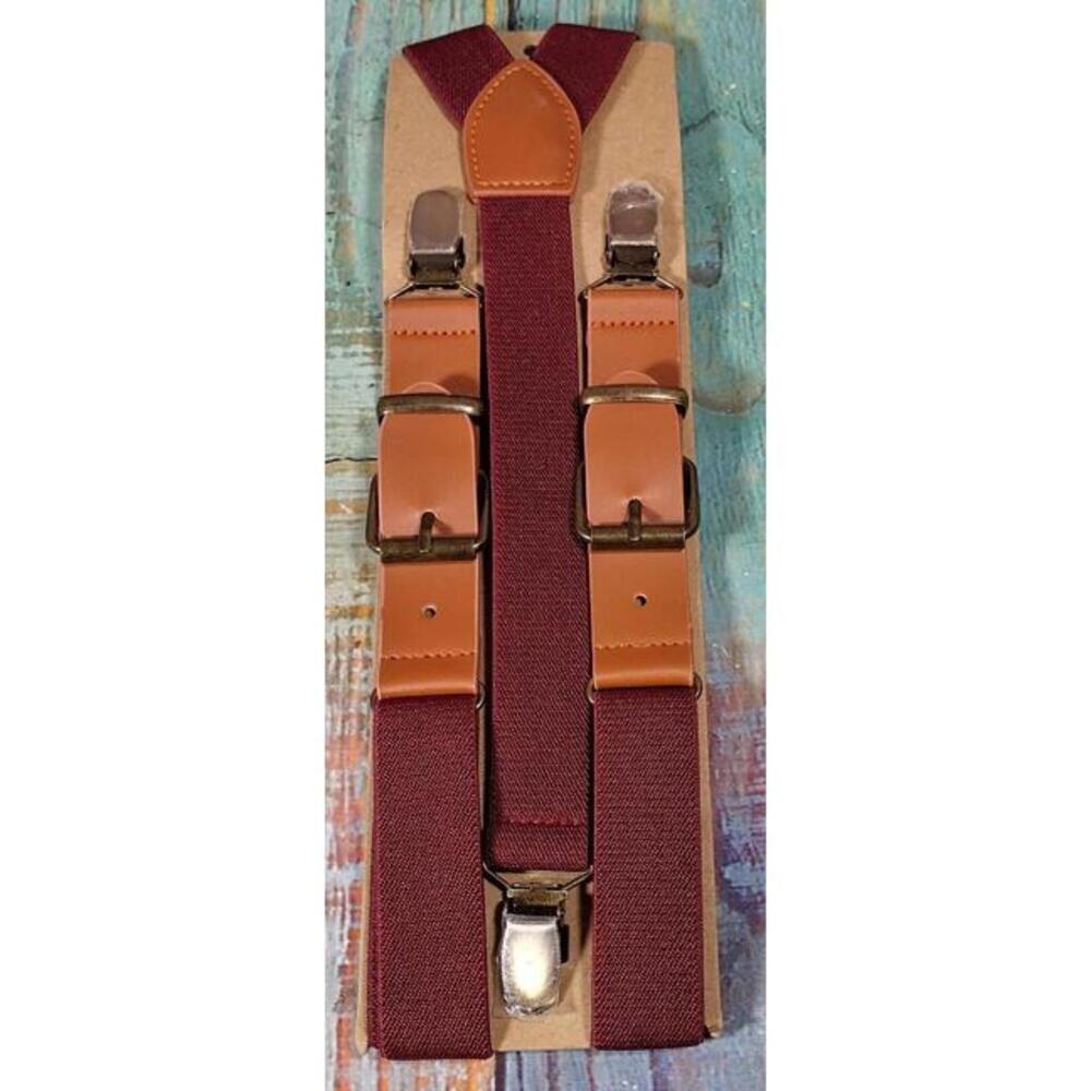 Men's Burgundy Elastic Suspenders with Leather Accents and Metal‎ Clips